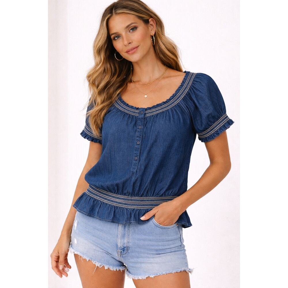 Bandolino Denim Look Peasant Top Size L Blue Smocked Waist Button Front Boho